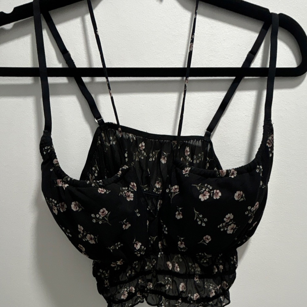 Gilly Hicks Floral Mesh Bralette Black Pink White Adjustable Sheer Ruffle‎ L